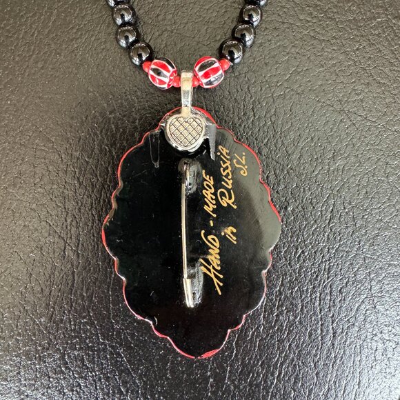 Hand-painted snowman on Russian black Lacquer made into a necklace. Seasonal Fun - Picture 7 of 12